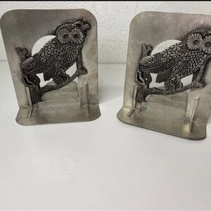 Vintage Metzke Owl Aluminum Pewter Bookends 1980s